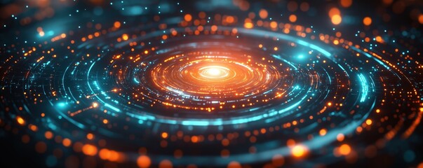Poster - Abstract tech illustration wireless energy transfer device. Circular glowing energy lines, particles. Futuristic concept. Energy flows. Innovation in tech. Modern design. Advanced energy system.
