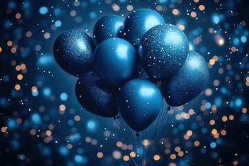 Poster - Stylish blue balloons with golden glitter. Festive background for social media. Perfect for celebrations like birthday, anniversary, Christmas New Year. Image suitable for party, event, promotion.