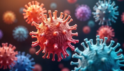 Poster - Microscopic view of rapidly dividing cancer cells, healthy cells. Colorful viruses actively reproducing, spreading. Detailed view of cellular structure, genetic material. Scientific illustration of