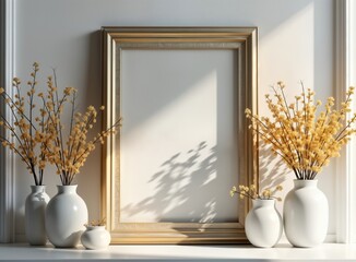 Poster - Gold frame mockup with empty white background. Dried yellow flowers in white vases. Light hits from outside room creating shadows. Interior design decor. Elegant, minimalist style. Home decor.