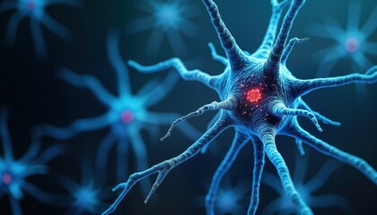 Poster - Microscopic view of neuron cells. Electrical impulses visible. Biological activity of nerve cells highlighted. Medical image background displays complex neural network. Study of neural activity in