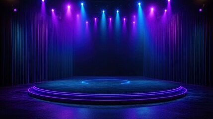 Poster - Empty dark stage with dark blue purple pin background. Neon purple light illuminates circular platform. Abstract stage design. Suitable for product displays music events. Trendy futuristic design.