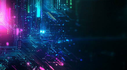 Poster - Bright neon circuit design illuminated in vibrant colors on a dark background showcasing technology and digital art