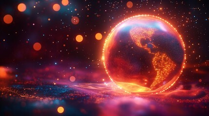 Poster - Digital globe glows with vibrant energy. Global communication network radiates from glowing planet. Futuristic tech concept. Dynamic visual of worldwide digital connections. Innovative digital