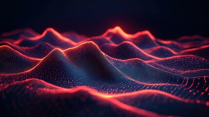 Poster - Abstract tech illustration shows mountain range. Red glowing dots create a wavy pattern. Dynamic tech design. Modern digital art. Data visualization. Abstract landscape. Data points in motion.