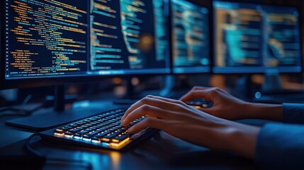 Aufkleber - Person types on computer keyboard in office. Hands work fast. Code on screen. Person focuses on programming task. Night time. Tech work. Programming. Dark environment. Concentrated programmer.