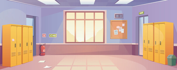 Poster - School corridor background for banner design. Empty hallway room interior with closed lockers rows, doors, big window, fire extinguisher, board with notices, clock at wall. Vector cartoon illustration