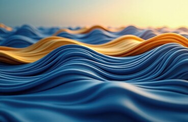 Poster - Abstract 3D wavy shapes in blue, gold colors. Dynamic flow creates futuristic ocean liquid effect. Modern design with soft colors. Suitable for tech, fashion, nature backgrounds. Illustrates motion,