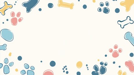 Poster - Colorful and fun doodle border showcasing dog toys, bones, and paw prints, providing space for custom text. Perfect for pet-themed events. Generative AI