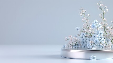 Wall Mural - Light blue and white baby's breath flowers arranged on a metallic round pedestal against a soft pastel blue background. Minimalist floral composition with copy space. Design for greeting cards