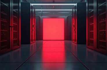 Poster - Ultramodern server room illuminated with vibrant red light. Dark gray server cabinets line corridor. Large red illuminated wall section dominates center. Techy design. Modern interior. Futuristic