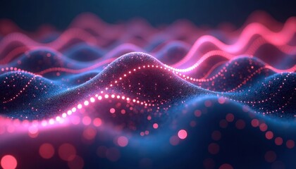 Poster - Abstract futuristic tech background shows glowing data waves. Digital network, neural communication visible. Dynamic 3D pattern creates sense of motion, energy. Vibrant colors like pink, blue make