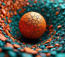 Poster - Abstract colorful sphere in spiral textured array of orange, teal stones. Geometric shapes form sphere. Design features textured sphere. Eye-catching vibrant colors. Creative abstract patterns.