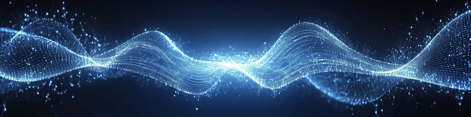 Poster - Dynamic abstract wave pattern with glowing blue particles creating a mesmerizing visual effect in a dark background