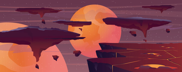 Poster - Fantasy cosmos background for banner design. Dark rocky land and flying platforms with with glowing water in rivers, big orange futuristic planets in night sky with stars. Vector cartoon illustration