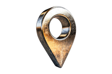 Poster - A metallic location pin with a circular hole, reflecting light and showcasing a polished finish.