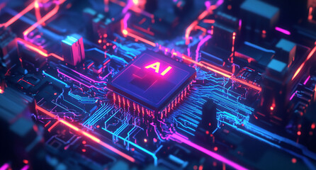 Aufkleber - Circuit board with vibrant neon lights showcasing an AI chip in a futuristic setting