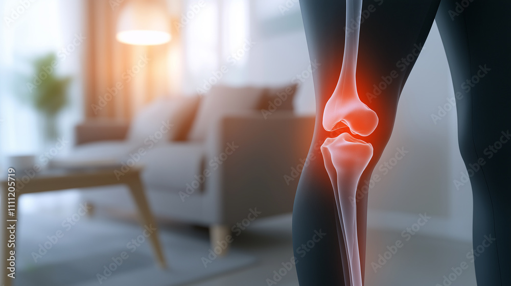 Knee pain highlighted on x ray of human leg in home interior setting ...