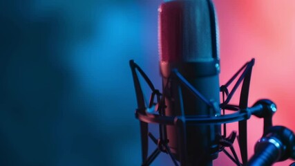 Poster - Studio condenser microphone recording audio in a room illuminated by neon lights, creating a vibrant and atmospheric setting for music production, podcasting, or voice over work