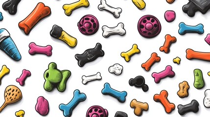 Aufkleber - Colorful dog toys, treats, and bones are laid out in a scattered manner on a clean white background, ideal for playful pet designs. Generative AI