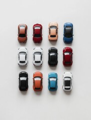 Poster - Miniature car models are neatly arranged in a grid on a white background, leaving space for extra text and design. Generative AI