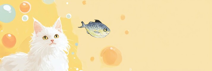 Aufkleber - A fluffy white cat observes playful fish swimming within colorful circles against a cheerful solid yellow background. Generative AI