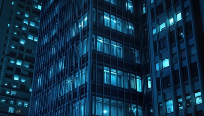 Poster - Modern skyscraper facade at night. Blue tinted windows, blinds light up dark exterior walls. Cityscape urban architecture. Office building apartment complex. Glowing lights inside show busy night
