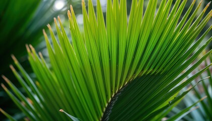 Poster - Closeup view of vibrant green palm leaf. Exotic plant in botanical garden. Foliage shows details of leaf structure. Natural light shines through. Summer day scene. Eco friendly natural setting.