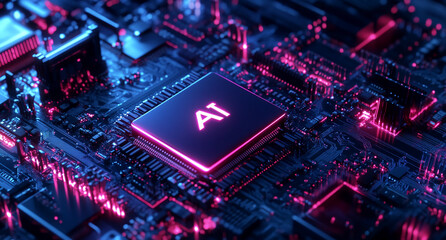Aufkleber - Advanced technology circuit board showcasing a glowing AI chip in a futuristic setting