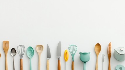 Aufkleber - Kitchen utensils including spatulas, whisks, and pots are arranged neatly on a white surface, providing clear space for additional text or designs. Generative AI