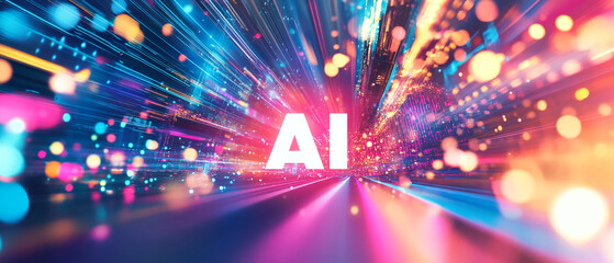 Poster - Colorful abstract background with AI text showcasing digital technology and innovation in a modern world