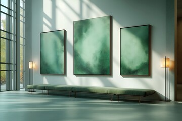 Poster - Empty frames on gallery walls. Modern gallery interior design. Light green abstract paintings. Modern furniture. Empty seats. Art exhibition mock up. Calm interior. Daytime. Spacious room. Natural