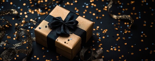 Poster - Golden gift box with black ribbon, bow sits in glittering confetti, ribbons on dark surface. Festive, celebratory holiday feel perfect for social media covers online shopping mockups. Celebration