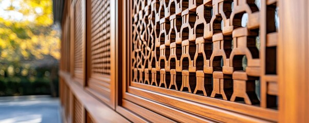 Poster - A close-up view of intricately carved wooden lattice, showcasing detailed patterns and natural wood textures in a serene outdoor setting.