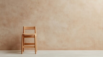 Poster - A minimalist wooden chair is stacked against a textured beige wall, creating a simple and calm aesthetic.
