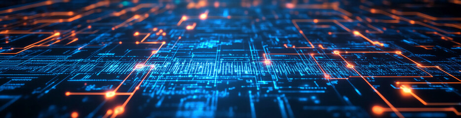 Aufkleber - Close-up view of a digital circuit board illuminated by blue and orange lights with intricate patterns and details