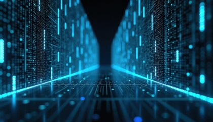 Leinwandbilder - Futuristic digital tech space with glowing blue data streams. Abstract ai tech background with 3d effect. Modern design with glowing lines, patterns. System datum, code encryption for communication.