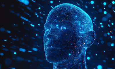 Poster - Digital representation of a human head surrounded by glowing particles at night