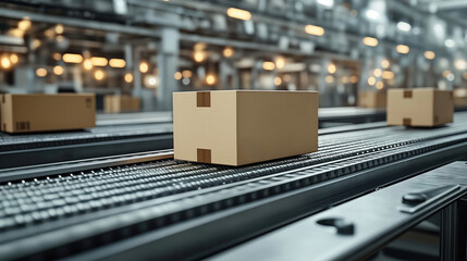 Poster - High tech factory conveyor belt carries cardboard box. Modern automated production line transports goods. Efficient logistics, automated workflow. Warehouse automation concept. Boxes move smoothly.