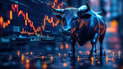 Aufkleber - Financial investment concept image shows bull figurine standing in front of glowing stock market charts. 3D double exposure style. Bull market symbol indicates upward trend. Suitable for investment