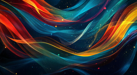 Poster - Colorful abstract waves flow through a dark background, creating a vibrant and dynamic visual experience. Abstract art illustration