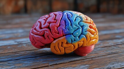 Poster - A colorful, artistic representation of a brain, showcasing intricate details and vibrant colors, resting on a wooden surface.
