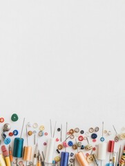 Poster - Sewing supplies including colorful threads, needles, and assorted buttons are artfully displayed against a white background for creative use. Generative AI