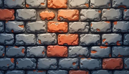 Leinwandbilder - Old stone wall texture shows varied gray, orange bricks. Rough surface patterns represent ancient construction material. Design suitable for backgrounds wallpapers. Presents solid building facade