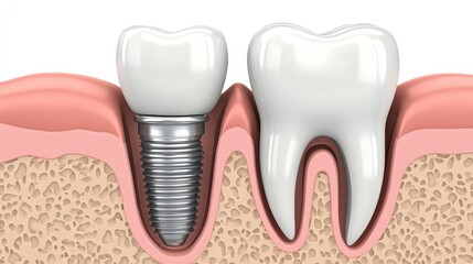 Poster - A dental implant is shown next to a healthy tooth against a clean white background, illustrating modern options for tooth replacement. Generative AI
