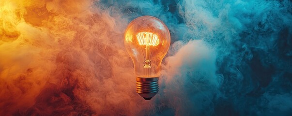 Poster - A glowing light bulb surrounded by colorful smoke, creating a dynamic and vibrant atmosphere.