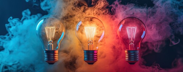 Poster - Three colorful light bulbs emit vibrant hues, surrounded by smoky effects, creating a dynamic and artistic atmosphere.