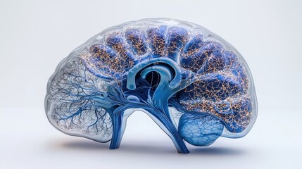 Poster - A translucent model of a brain, showcasing intricate neural pathways in blue, representing the complexity of human cognition and emotion.