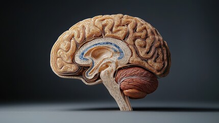 Poster - A detailed anatomical model of a human brain, showcasing its structure and features in a realistic manner against a dark background.