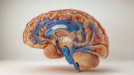 Poster - A detailed anatomical representation of a human brain, showcasing various structures and colors for educational purposes.